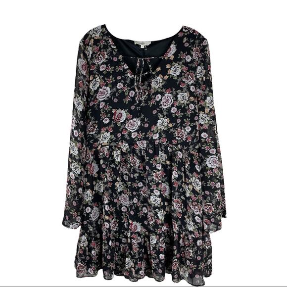 Entro black pink floral chiffon ruffle boho cottagecore midi dress large - Picture 1 of 9